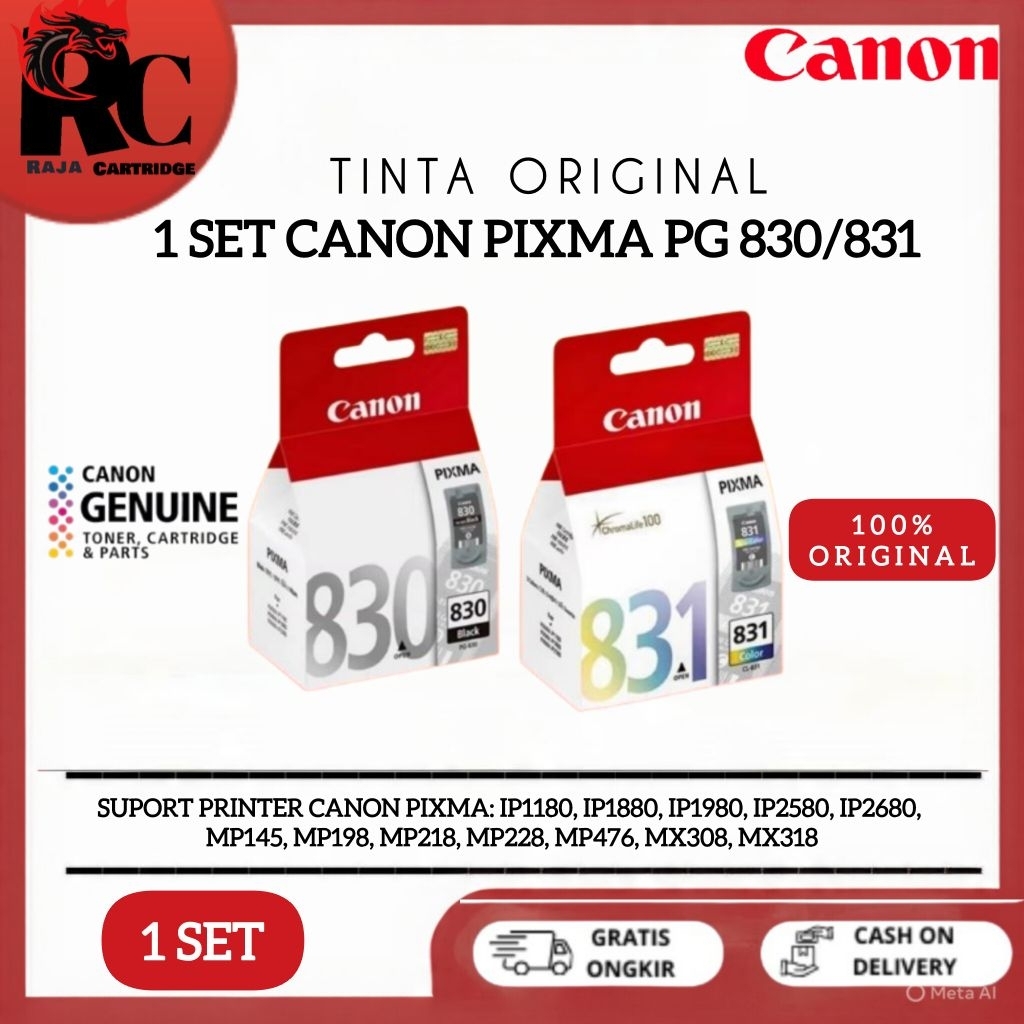 Tinta Cartridge Canon Lospek PG-830 CL-831 Black Colour Original Untuk Printer Canon Pixma: iP1180, 
