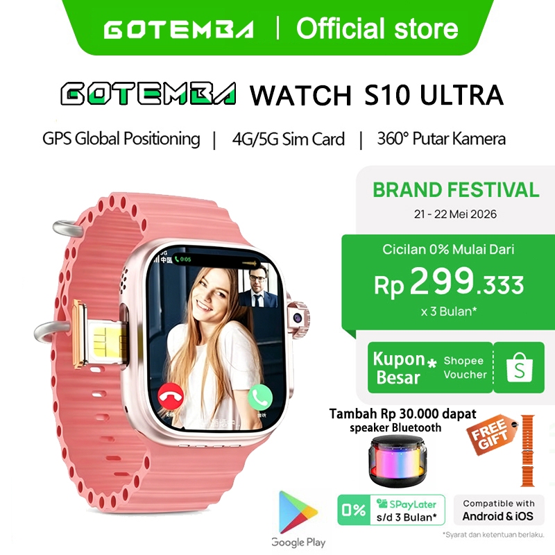 [4G Telepon Hotspot]GOTEMBA Smartwatch S10 Ultra 4G/5G Sim Card 4+64GB GPS NFC Bisa Nonton Youtube T