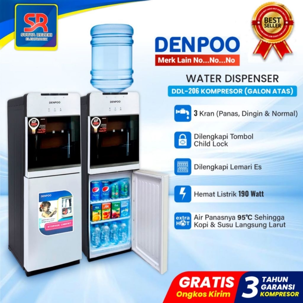 DENPOO DISPENSER GALON ATAS BAWAH KULKAS DINGIN- DDL 206