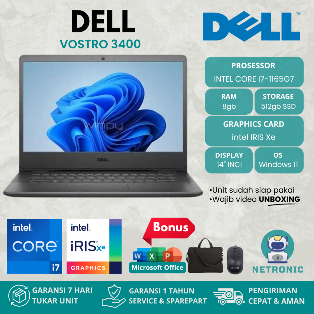 DELL VOSTRO 3400 INTEL CORE i7-1165G7 RAM 8GB SSD 512GB 14" FHD IRIS Xe