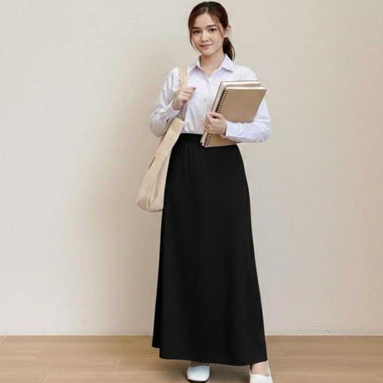 Rok A-Line Hitam Panjang Ospek Kuliah Sidang Kerja / Rok Hitam Polos Basic Wanita