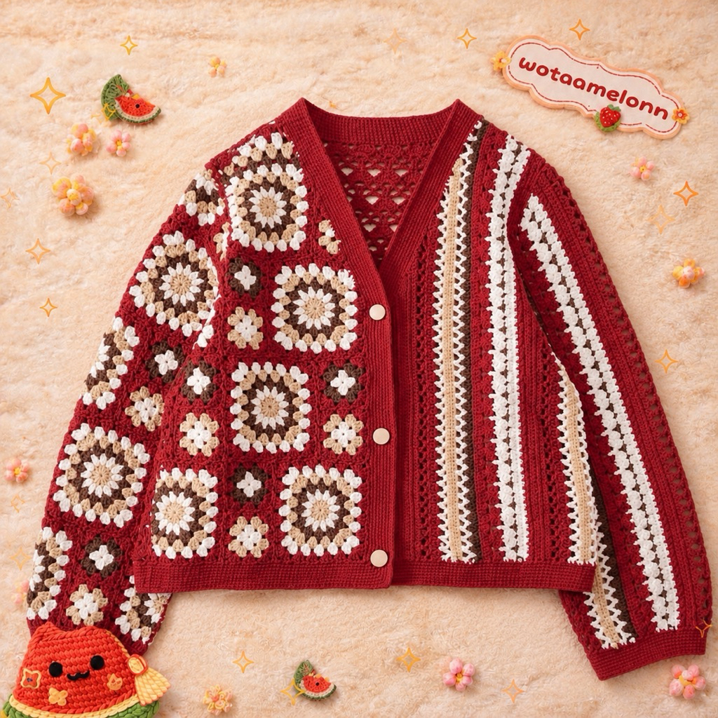 wotaamelonn Red Patchwork Crochet Cardigan