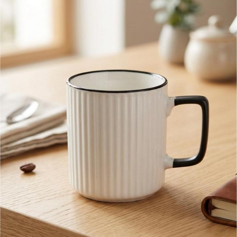 Mug Keramik Garis Minimalis Hitam Putih Estetik | Mug Keramik Ribbed Minimalis | Gelas Aesthetic