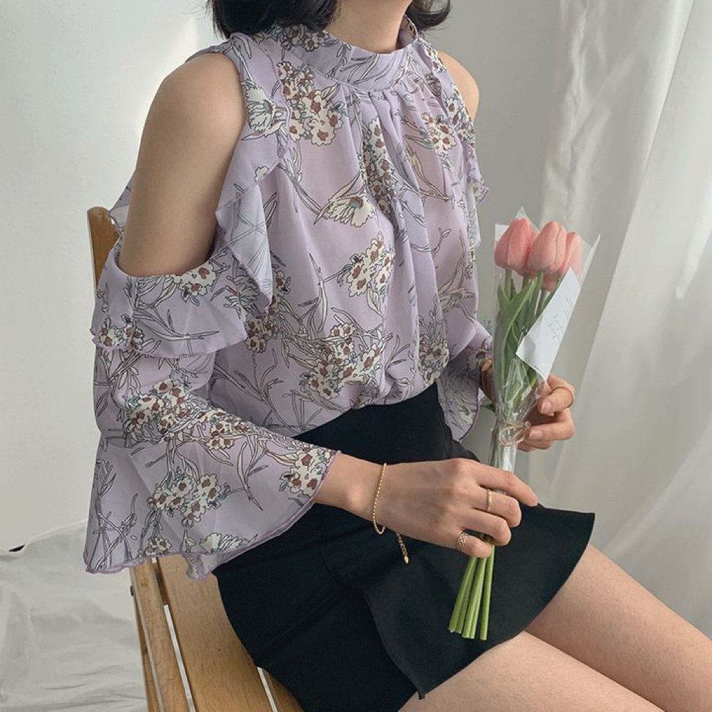 Floral Top Korea Cut Off shoulder