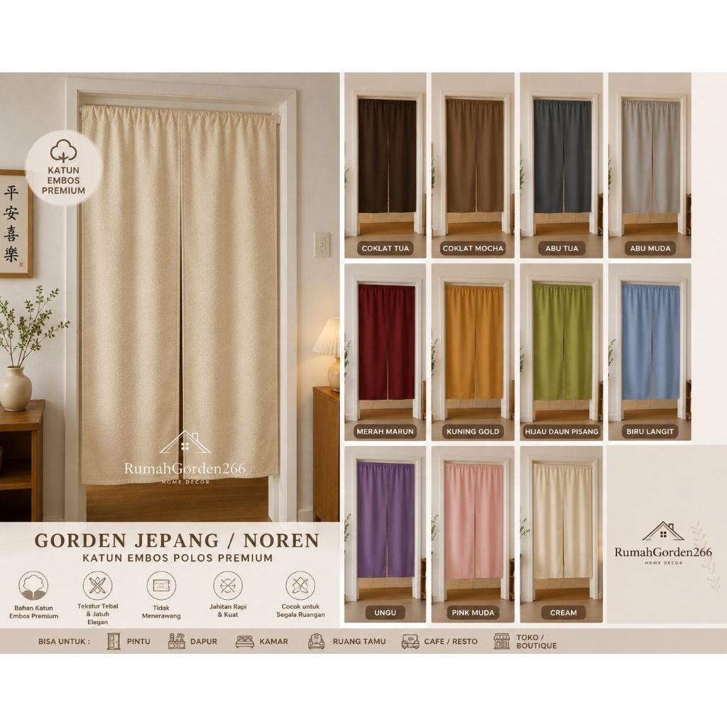Gorden Noren Jepang Minimalis Katun Embos Tirai Pintu Dapur Kamar Estetik