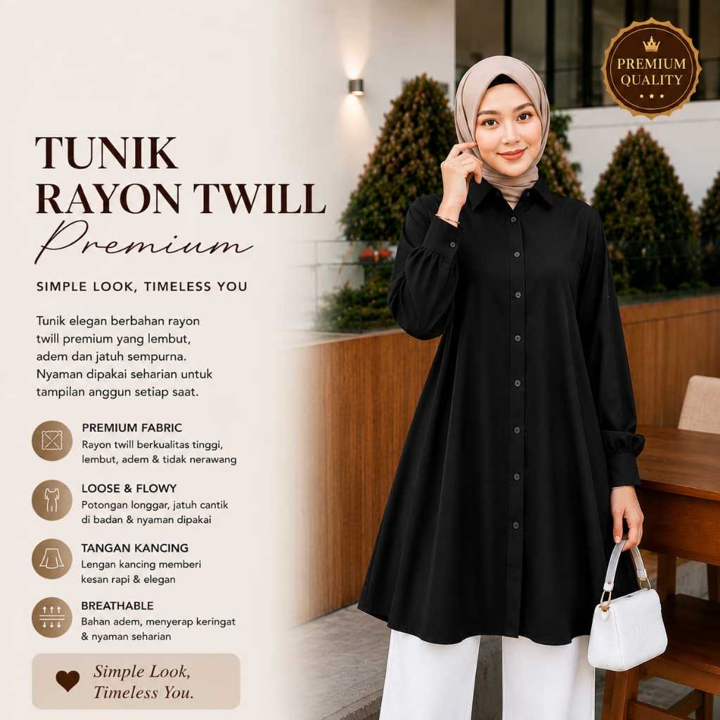 Tunik AQILA bahan rayon twill premium full kancing depan Nyaman kerja kuliah