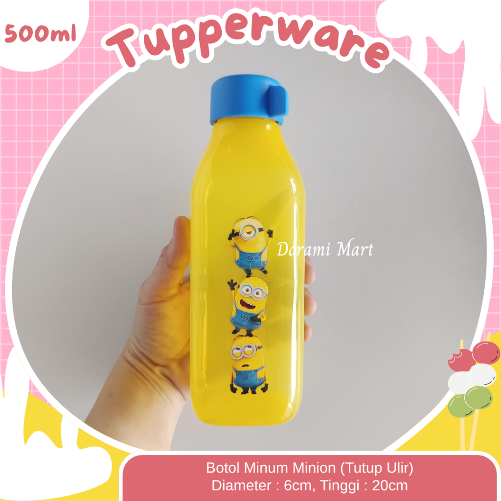 TUPPERWARE Botol Tempat Air Minum Minion Eco Water Bottle Square Minions Tutup Ulir 500ml A