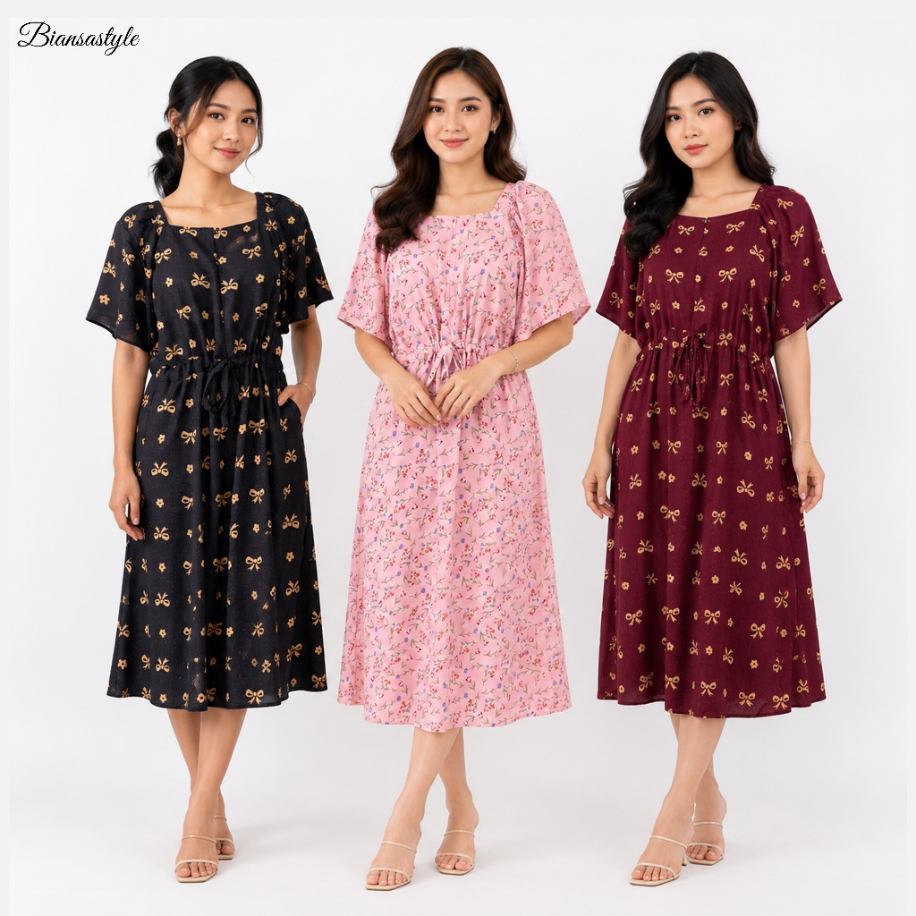 Daster Dress Kerut Pinggang Rayon Kekinian Motif Terbaru Premium Tali Bando - Misty by Biansa Style