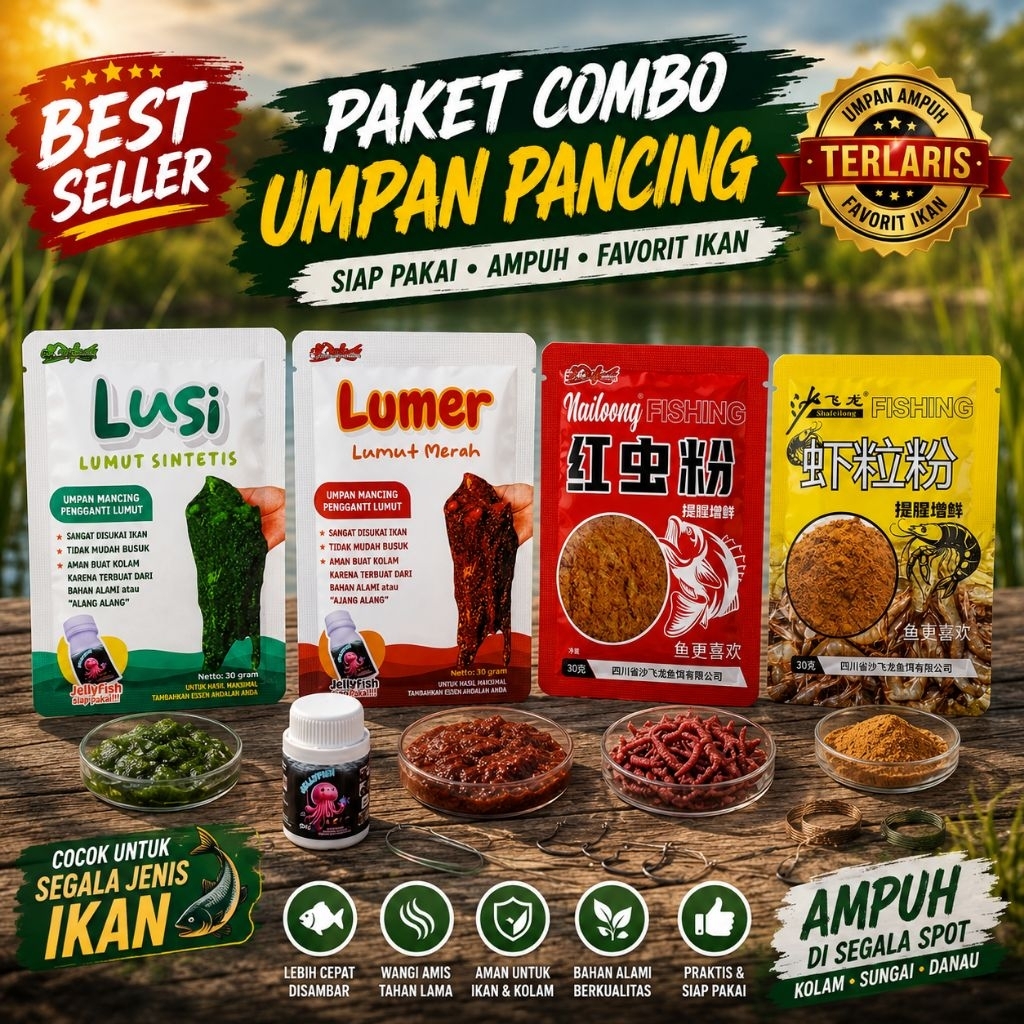 Gemar Pancing - PAKET Combo Umpan Pancing Lumut Sintetis Lusi Lumer Lumut Merah Serbuk Amisan Udang 