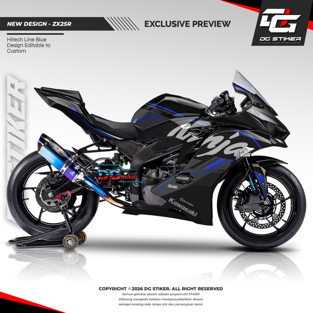 Decal Stiker Motor Kawasaki ZX25R Hitam Biru Desain Editable Custom, Grafis Sporty, DG Stiker