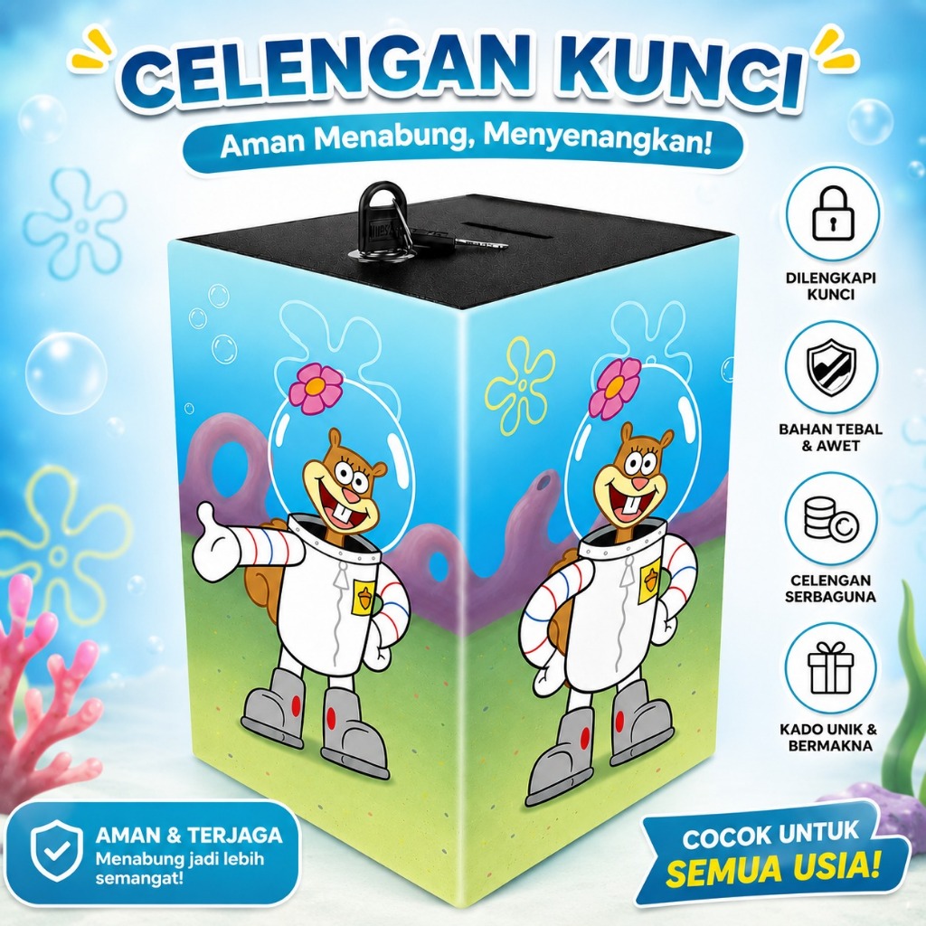 Celengan Kunci Karakter Sandy Lucu | Celengan Kotak Anak Bahan Tebal Free Kunci