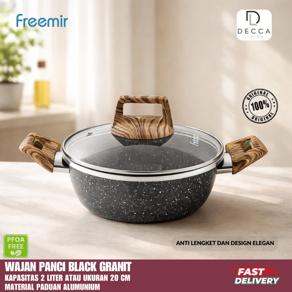 freemir Wajan Panci Granit Black Granit 20cm Anti Lengket Serbaguna Pegangan Kayu Anti Rayap