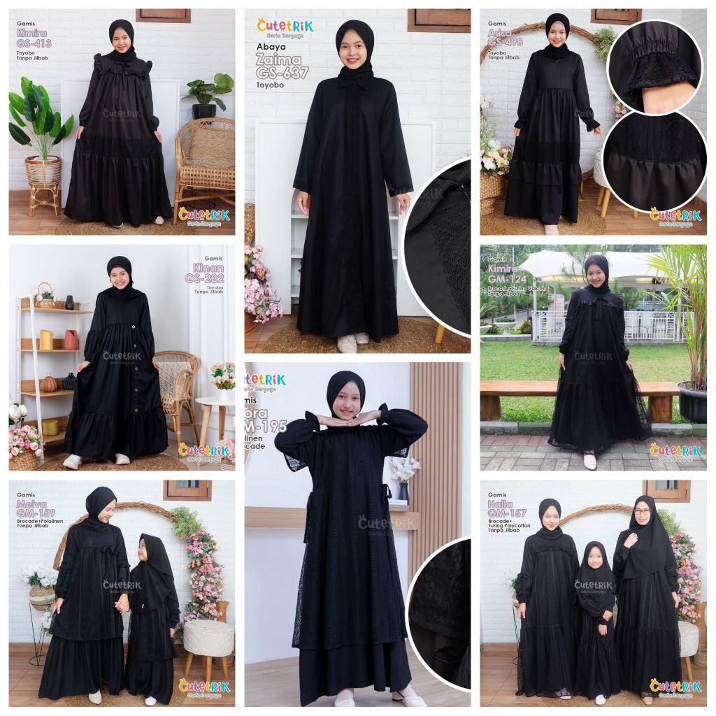[Bisa COD] Gamis Hitam Polos Katun Toyobo dan Brukat Cutetrik untuk Anak, Remaja dan Ibu