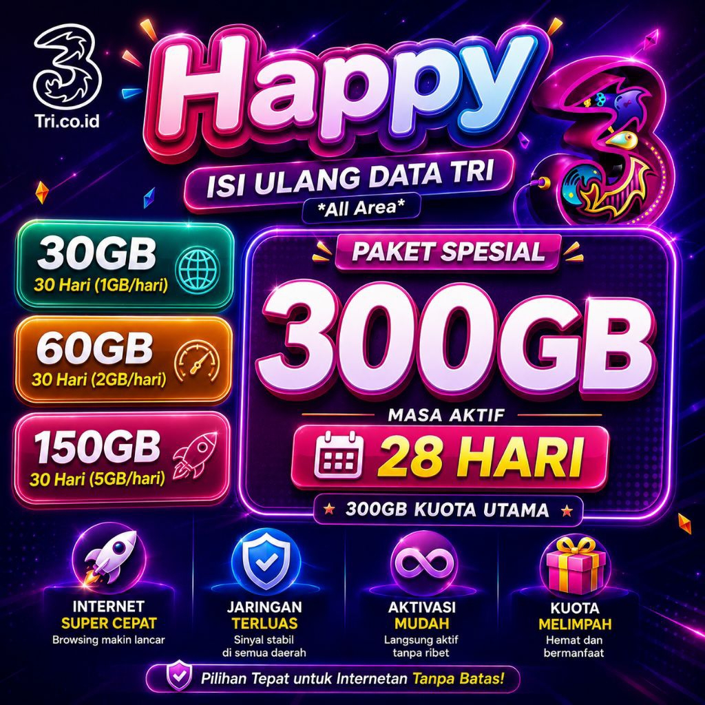 PAKET DATA TRI MURAH - JATAH HARIAN 1GB/2GB/5GB