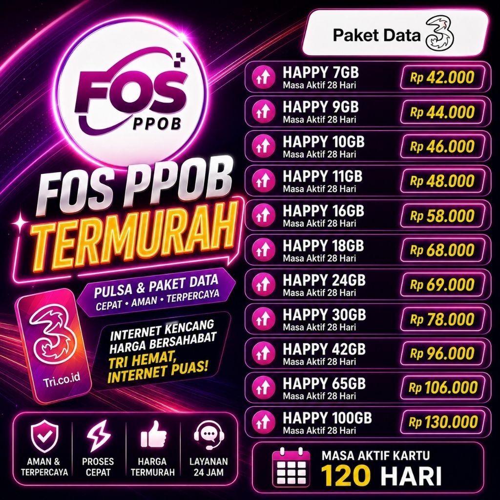 FOS PPOB TERMURAH | Paket Happy Tri Murah Resmi | Kuota Happy 7GB - 100GB Masa Aktif 28 Hari
