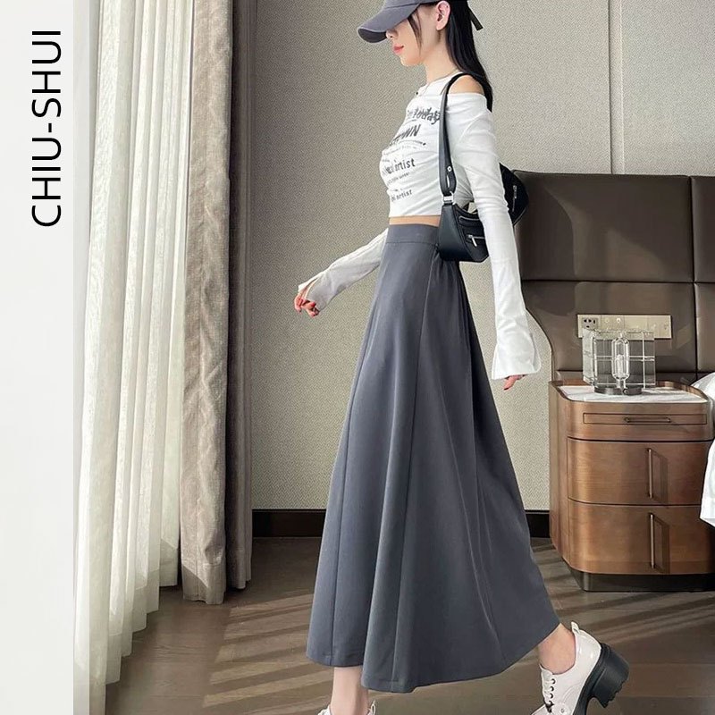 Rok wanita, rok panjang lipit model A-line, rok A-line ramping berpinggang tinggi, rok pensil panjan