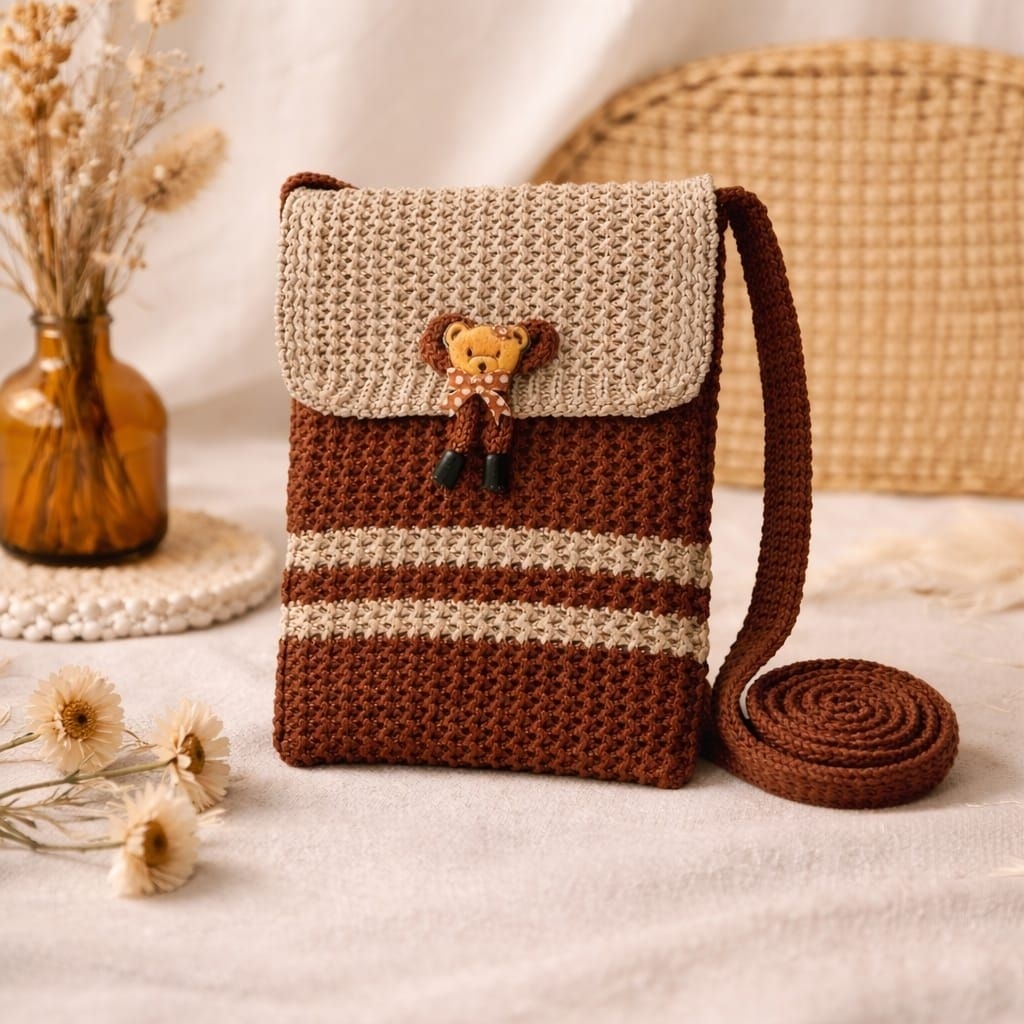 TAS HP RAJUT SELEMPANG WANITA MODEL TERBARU MADE IN BANDUNG MOTIF BONEKA
