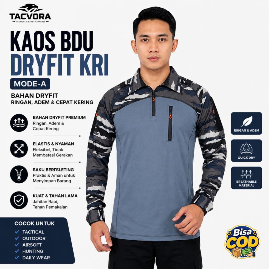 Kaos BDU Tactical Dryfit Lengan Panjang Model A Loreng KRI - Size M-XXXL