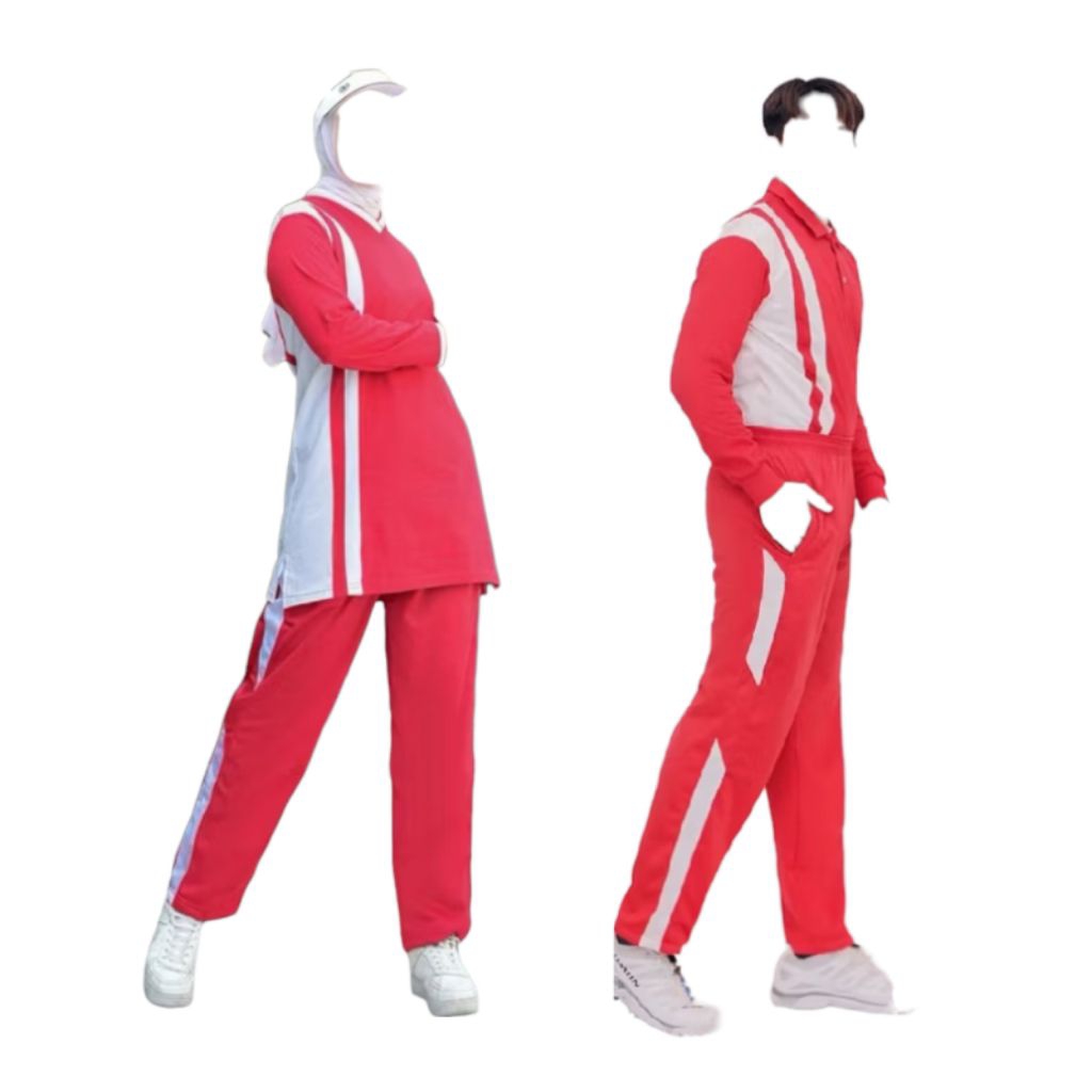 Setelan Baju Olahraga Merah Putih Setelan Baju Senam Merah Putih untuk Pria dan Wanita