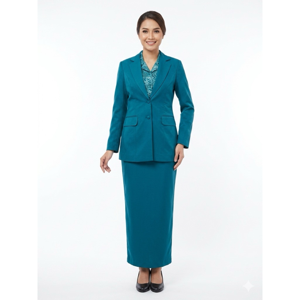 Seragam PKK Nasional Wanita Hijau Tosca Kerah Jas Kancing 2 Set Rok Span Bahan Katun Grade Lady Size