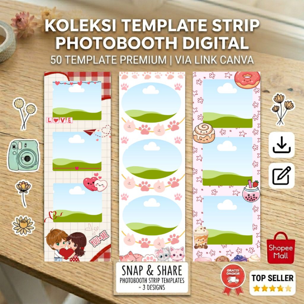 Merga bundle 50 Pcs Template Strip Photobooth Kosongan Berbagai Tema (Canva Link)