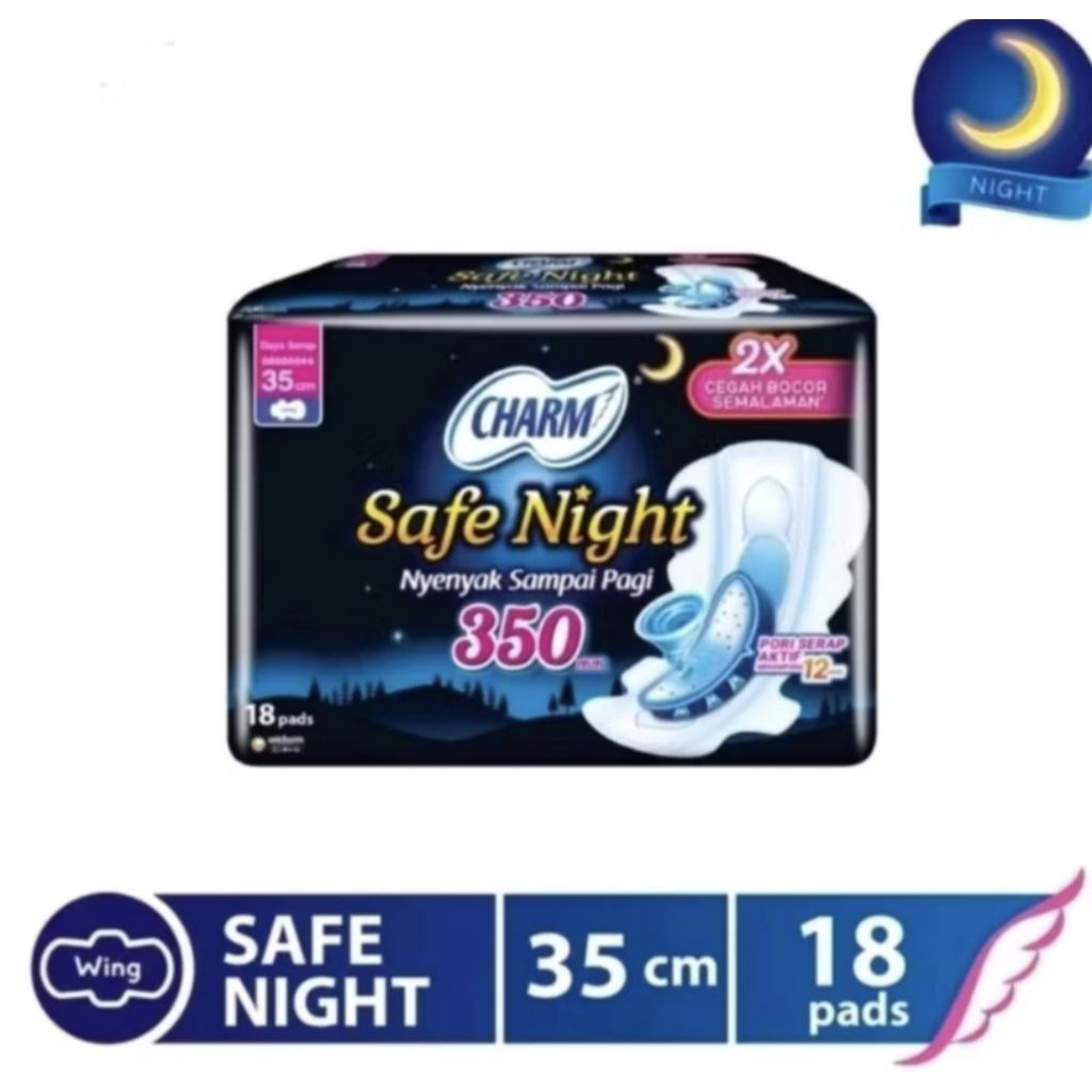 Pembalut Charm Safe Night Wings 35cm dengan Sayap Fleksibel
