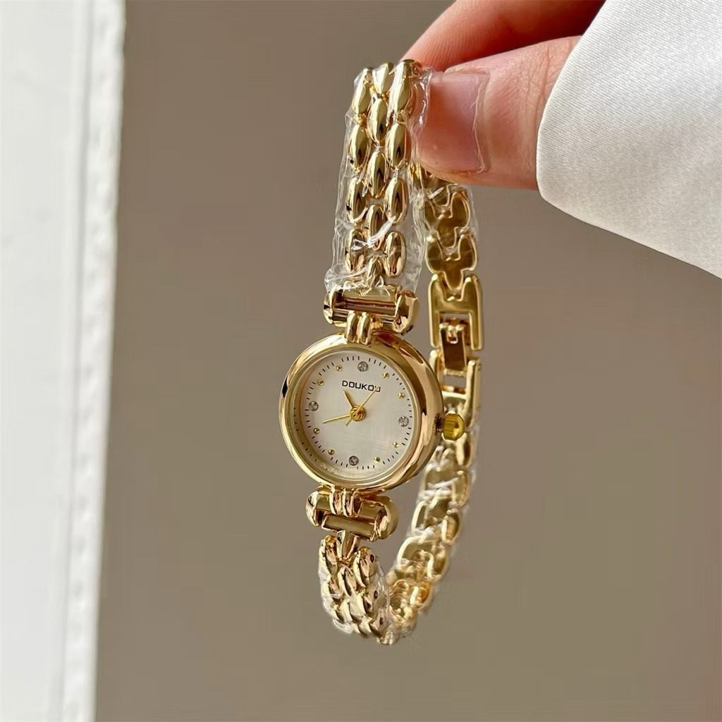 ULZZANG Jam Tangan Wanita Terbaru Doukou Elegan Tali Rantai Rose Model Bulat Titik Stainless Steel W