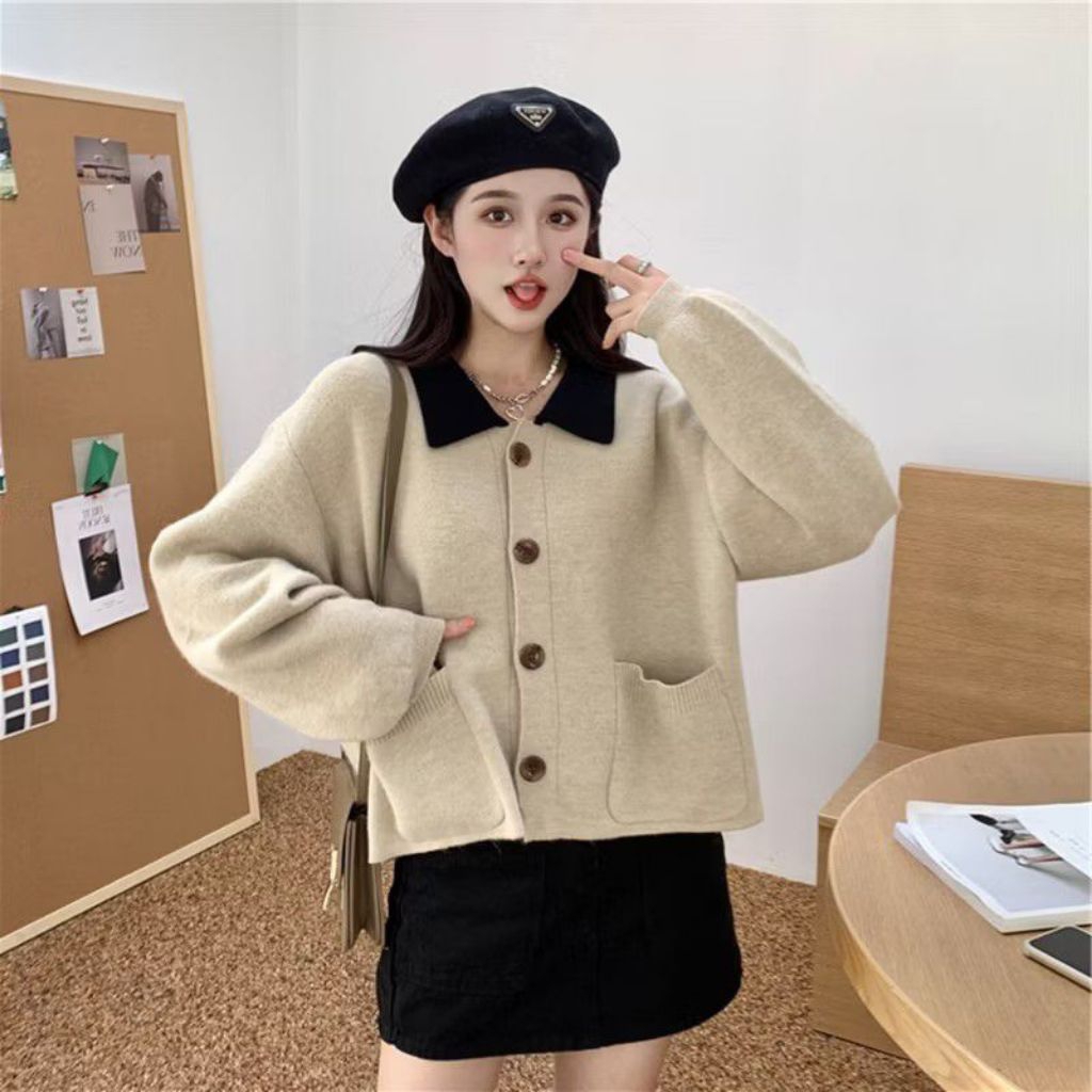(Harga 120rb) Collar Short Knitted Cardigans Sweater Women Vintage Kawaii Long Sleeve Coat Korean St