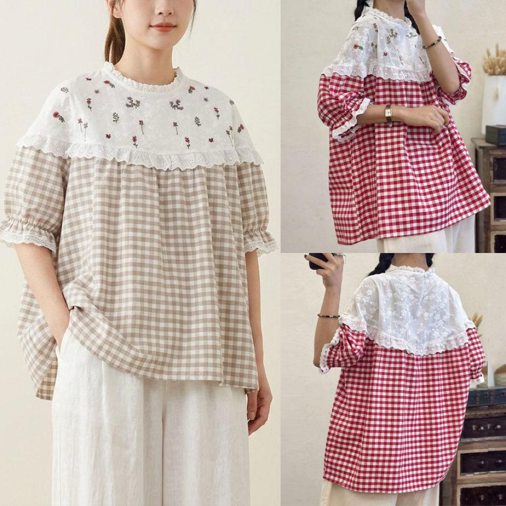 BLUS KATUN KOTAK KHAKI KREM MERAH OVERSIZE BAHU KATUN BRUKAT PUTIH BORDIR BUNGA KOREA IMPORT