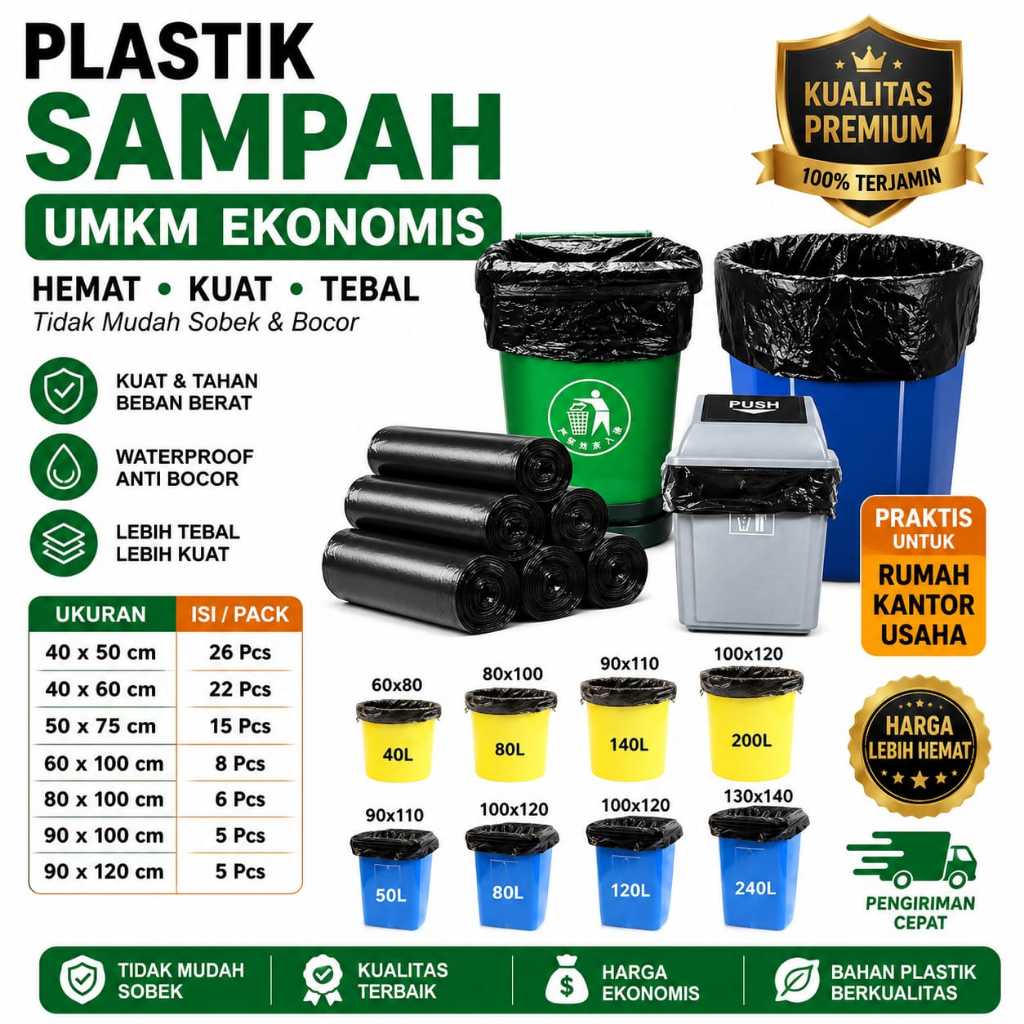 Kantong Plastik Sampah MVN Trash Bag Hitam Tebal Kuat Ekonomis Uk 40X50 | 40X60 | 50X75 | 60X100 | 8