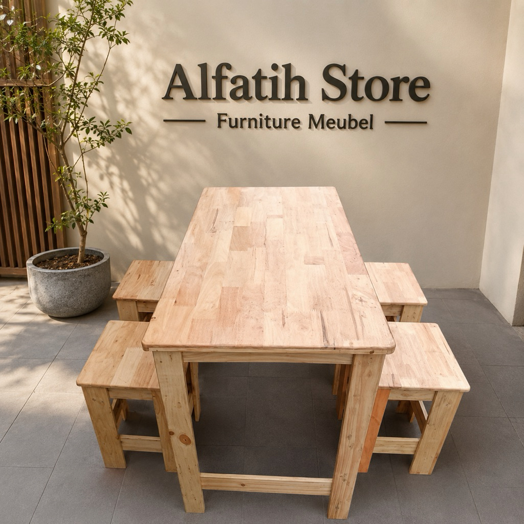 Set Meja Makan / Coffee / Kafe Kayu Minimalis Industrial Bangku Panjang 120x60 Solid Natural Kaki Si