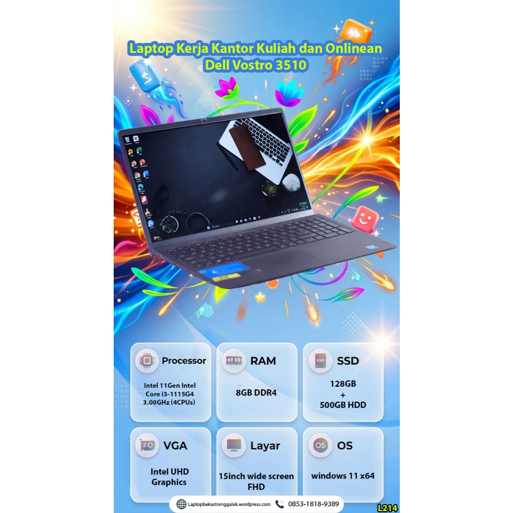 Laptop Bekas Dell Vostro 3510 intel i3 Gen 11 RAM 8GB Solusi Laptop Kerja Kantor Kuliah dan Onlinean