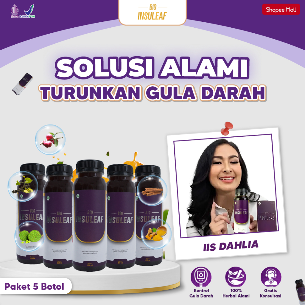 Bio Insuleaf Paket 5 Botol Insulin Diabetes Ori Herbal Alami Bantu Jaga Gula Darah Stabil