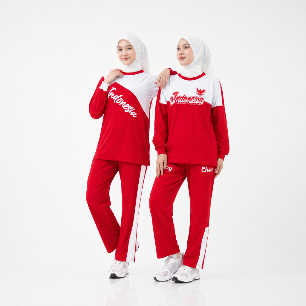 Setelan Baju Olahraga Wanita Merah Putih Seragam Senam Jogging Muslimah Premium