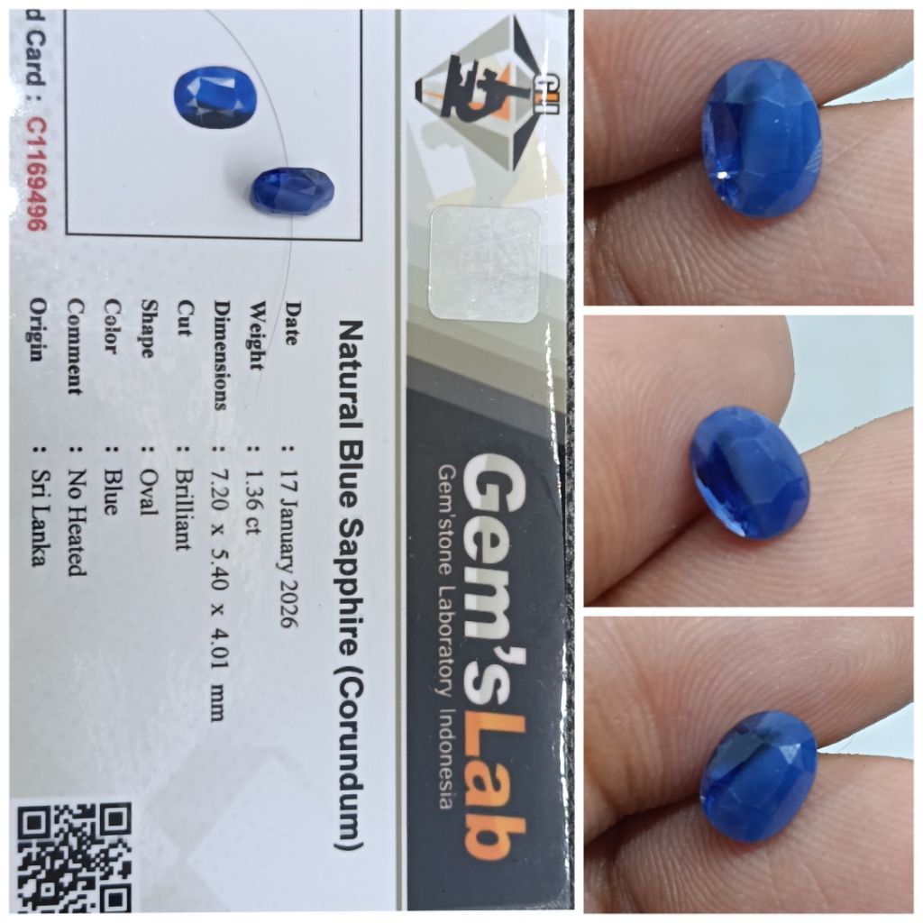 Natural Royal Blue Sapphire Ceylon NoHeat 1,36ct Safir Srilanka warna Bagus memo GLI