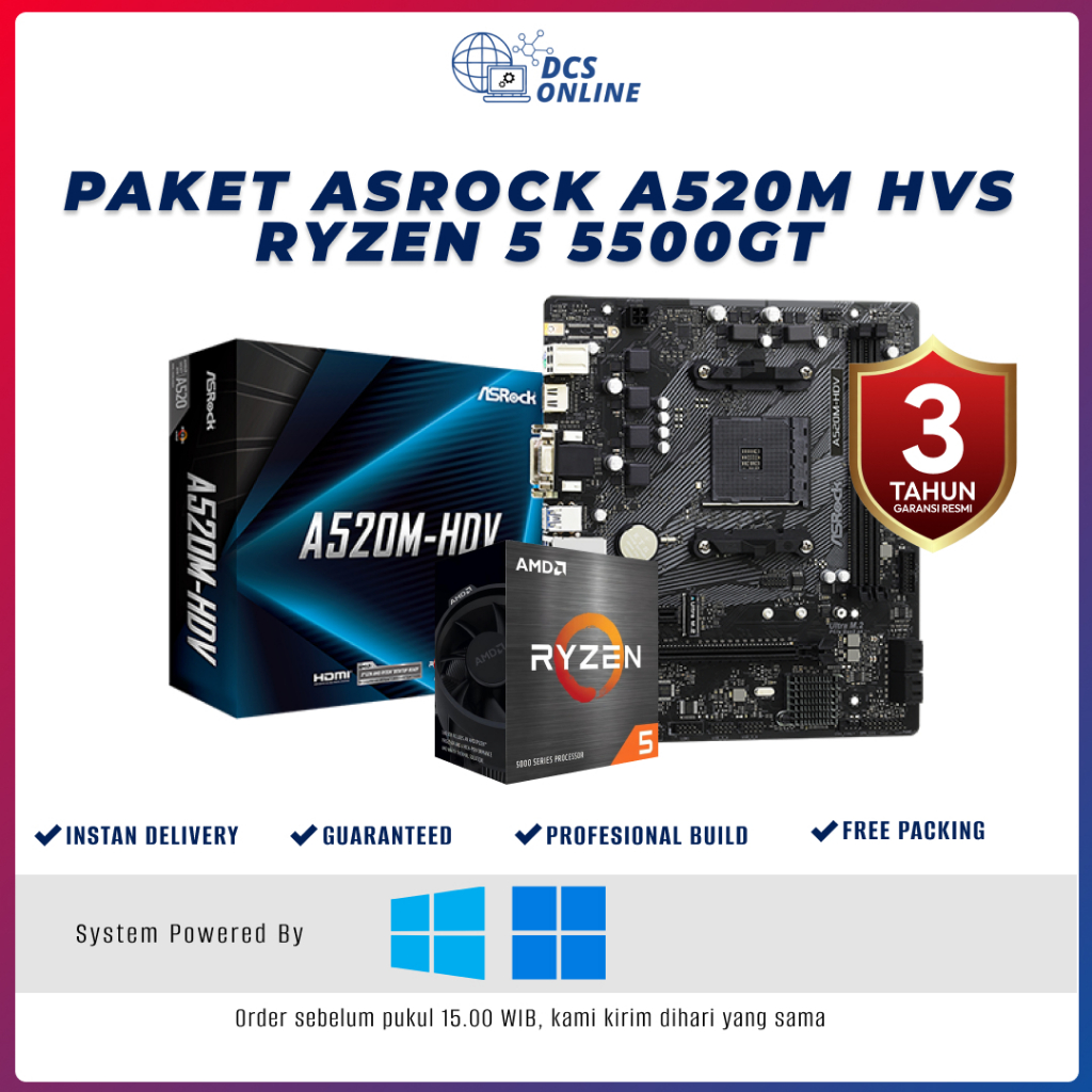 Paket Motherboard Processor Asrock A520M HVS + Ryzen 5 5500GT AMD Socket AM4 DDR4 - Baru Bergaransi 