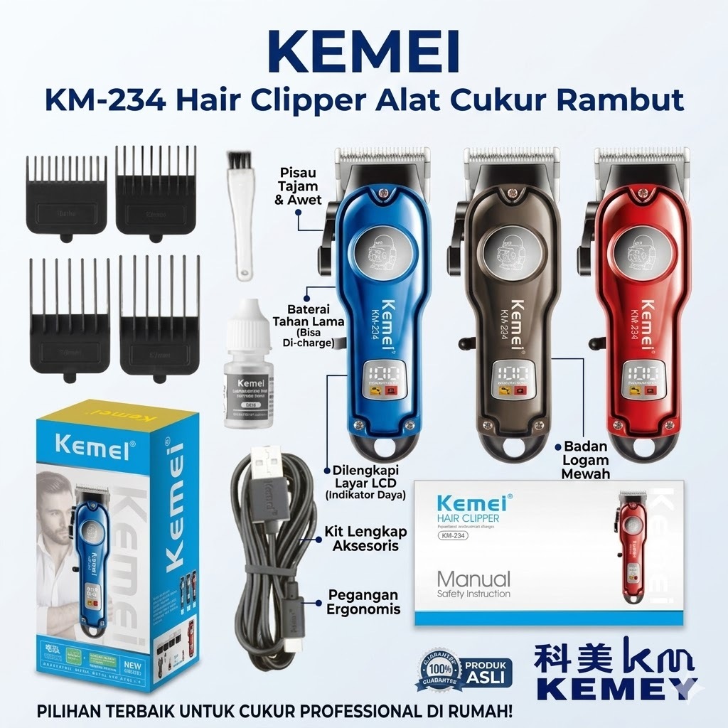 Kemei KM-234 Hair Clipper Alat Cukur Rambut KM 234 Metal Body LCD Display