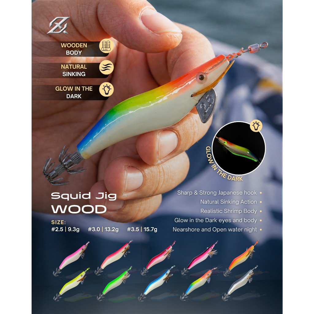 AXZ Luminous Eyes Squid Jig Wood | Umpan Pancing Cumi Glow Kayu 2.5" 3.0" 3.5"