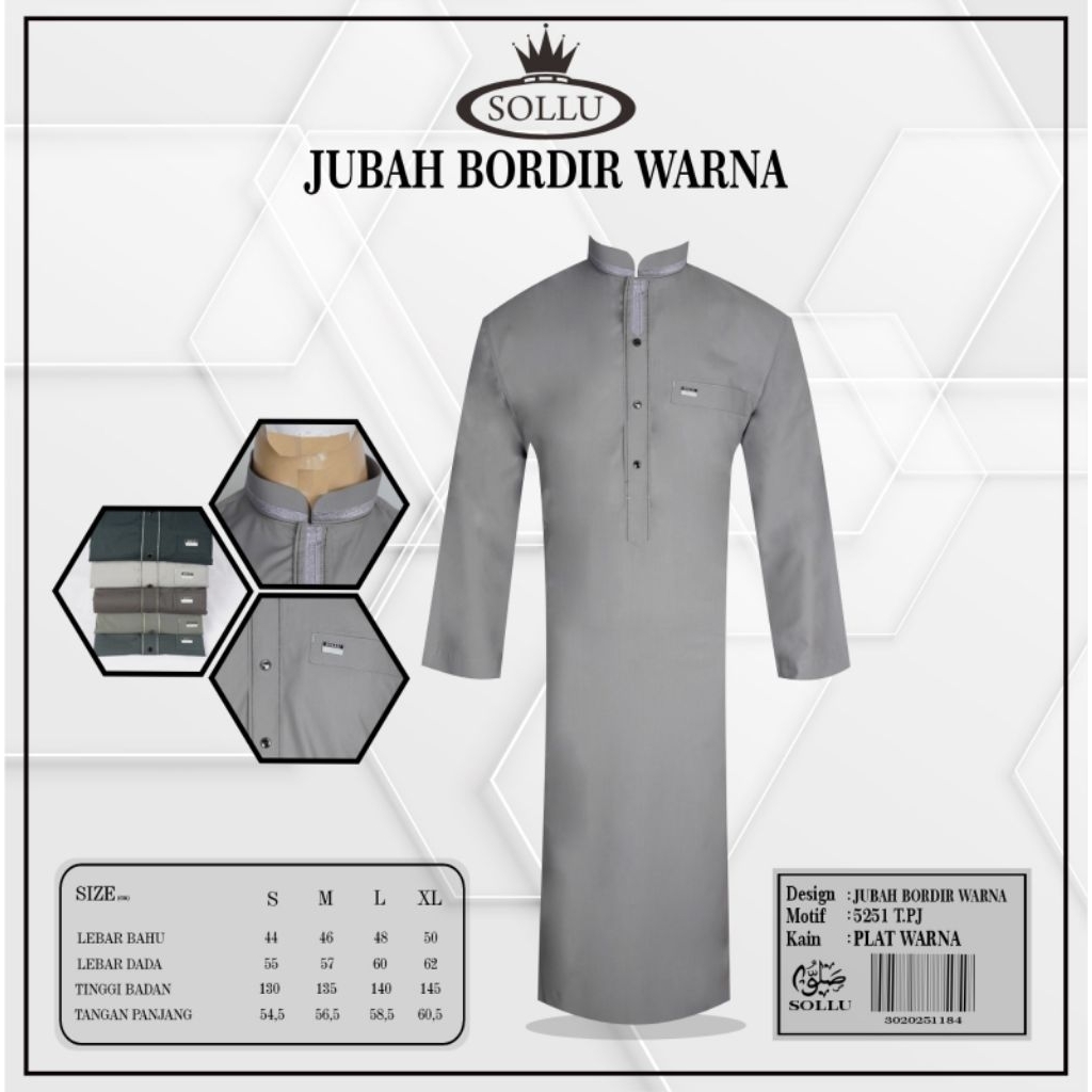 SOLLU Jubah/Gamis Pria Bordir Warna Lengan Panjang 5251