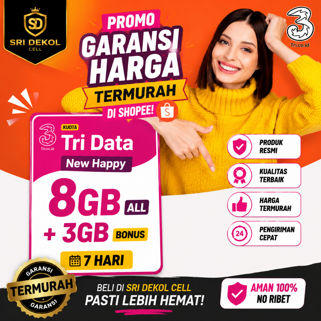 Diskon Kouta Tri New Happy Data 8GB + 3GB Bonus 7 Hari – Belanja Aman di Shopee