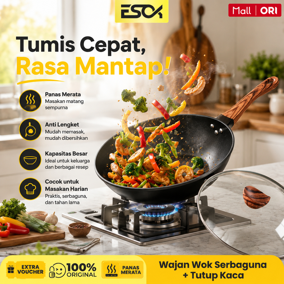 ESOK Wajan Kuali Penggorengan Wok Pan Hitam Tutup Kaca 30/32cm Lapis Granit Baja Stainless
