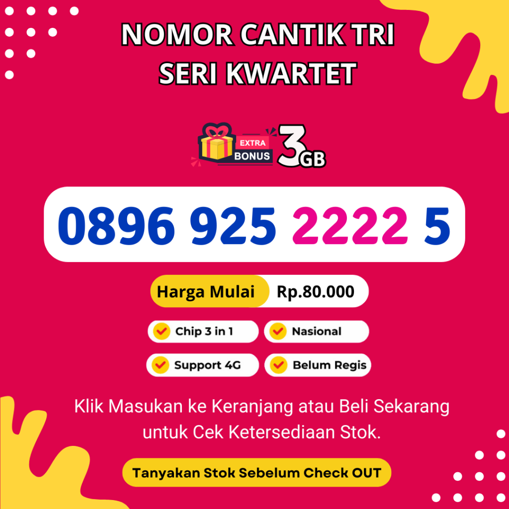 Nomor Cantik TRI Seri Kwartet  Murah Rapi - Kartu Perdana TRI Support 4G LTE Bonus Kuota 3GB