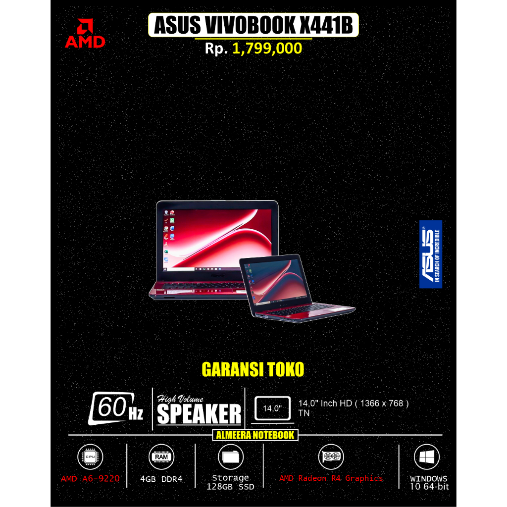 Laptop ASUS Vivobook X441B AMD A6 RAM 4GB SSD 128GB Murah Bergaransi Jogja