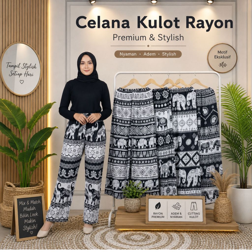 Celana kulot rayon panjang motif gajah wanita Jumbo Kain bali nyaman panjang All size