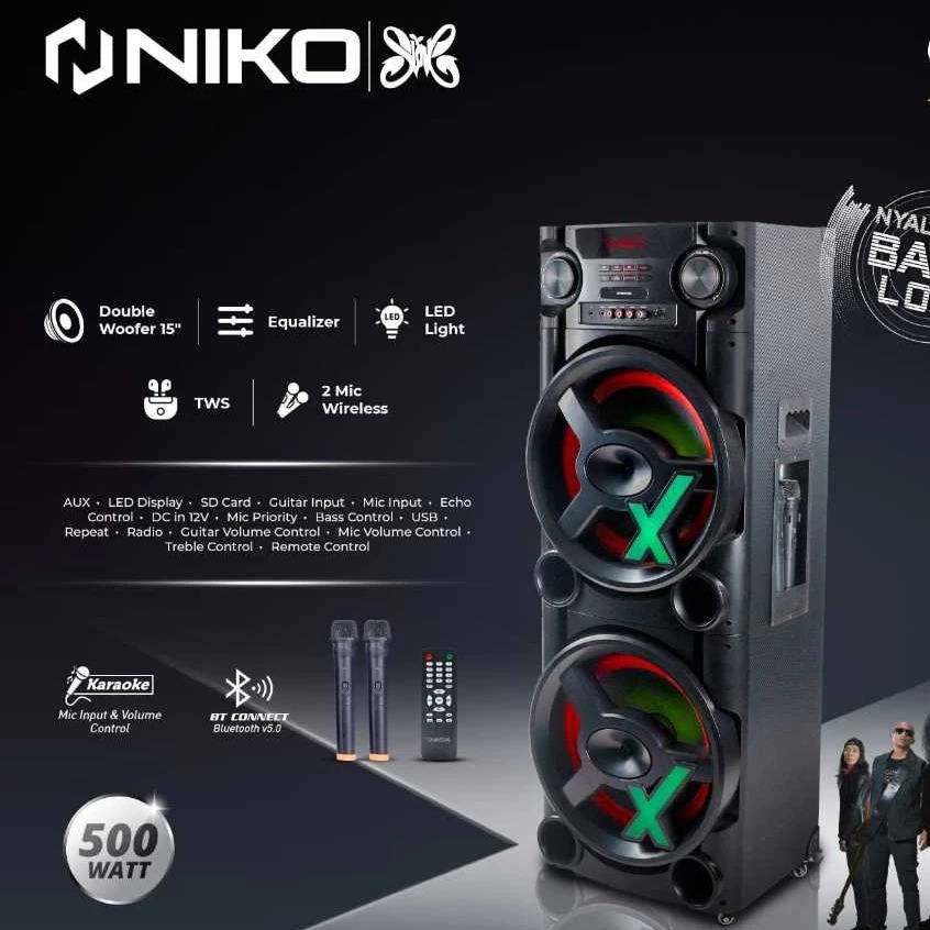 Niko Slank Oxxo Double Woofer 15 Inch Bass Speaker /  Speaker double woofer 15 + Free 2 Mic Wireless