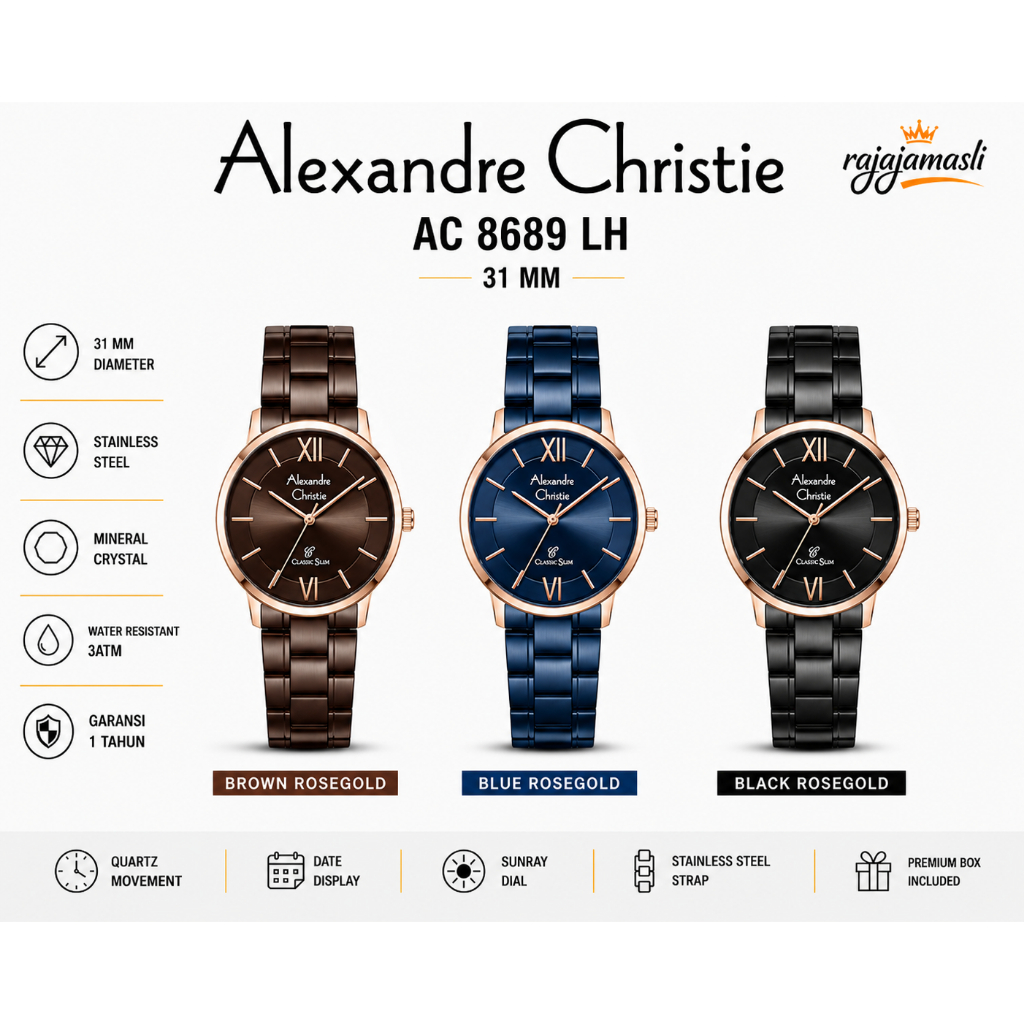 Alexandre Christie Classic AC 8689 LH Jam Tangan Wanita Stainless Steel 31mm Tahan Air 3ATM Garansi 