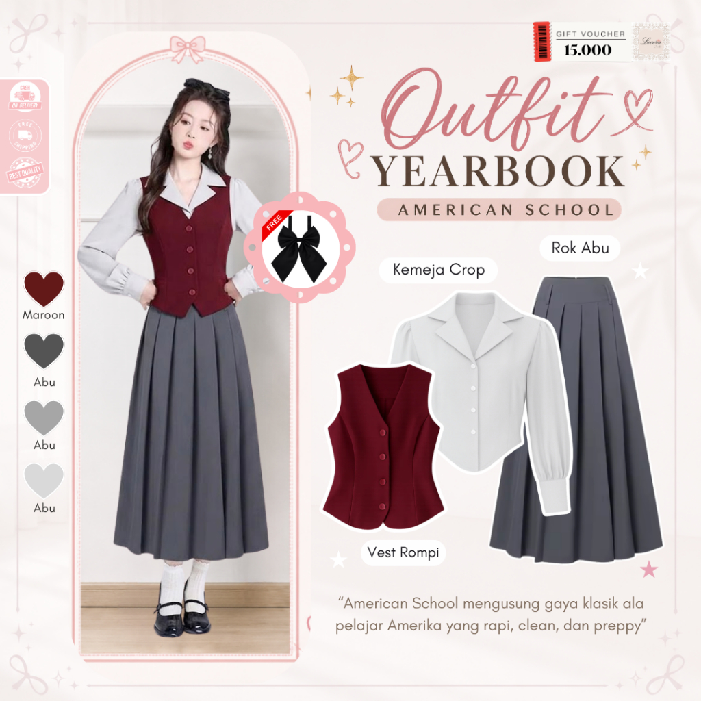 Set Outfit Preppy American School ( Kemeja Crop + Vest Rompi + Rok Abu ) Outfit Yearbook Wanita Prep