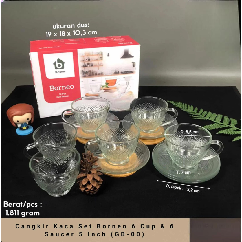 Cangkir Kaca Set Borneo 6 Cup & 6 Saucer 5 Inch (GB-00)