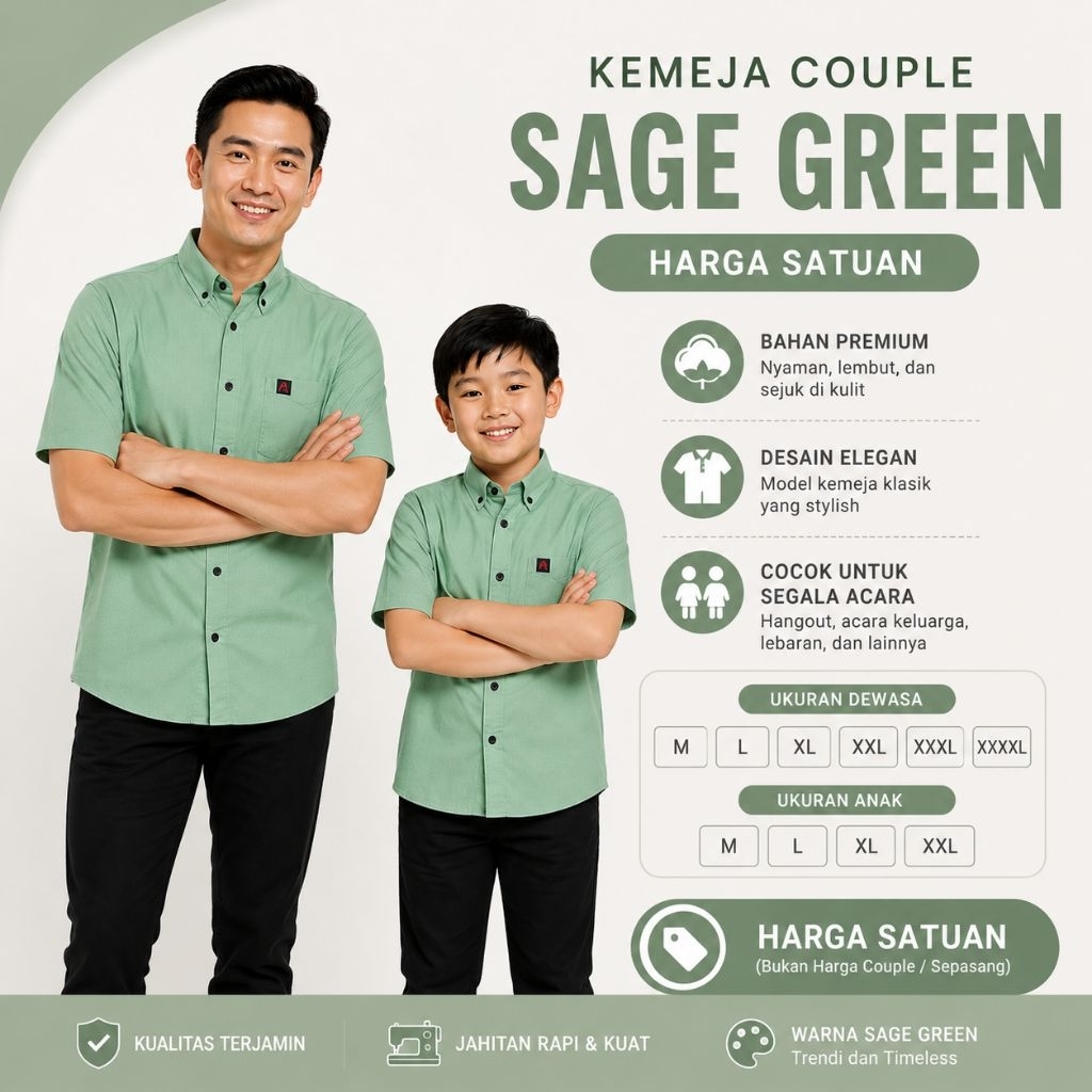 Sage Green Kemeja Polos Couple Ayah Dan Anak Lengan Pendek Bahan Katun Cigaret Warna SAGE GREEN ( HA