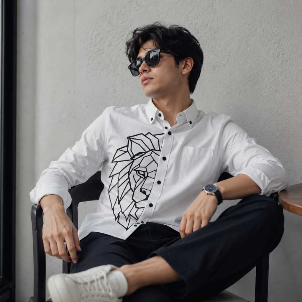 LVN - Kemeja Motif Geometric Singa pria premium unisex branded slim fit import mahal termurah casual